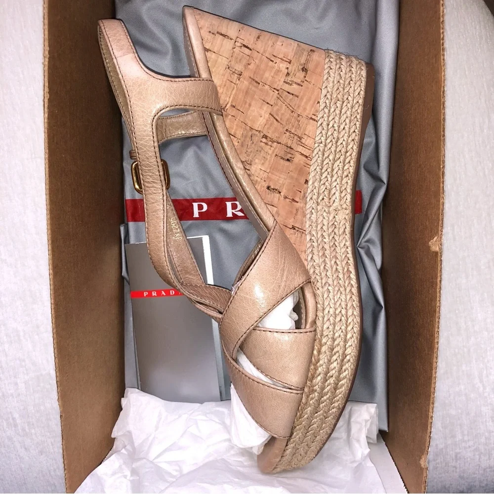 NWT Prada Tan Platform Cork Wedge Sandals New Size 38